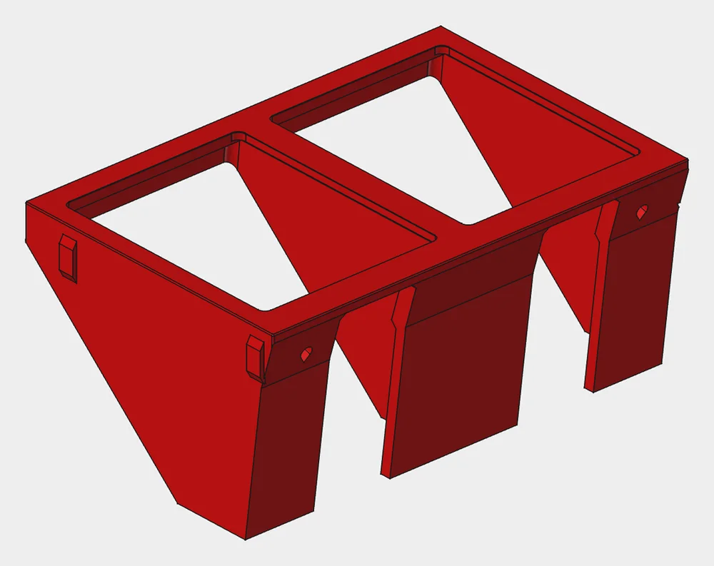 Two-bottle hanger module for the JOBO CPE2 water bath — red 3D render