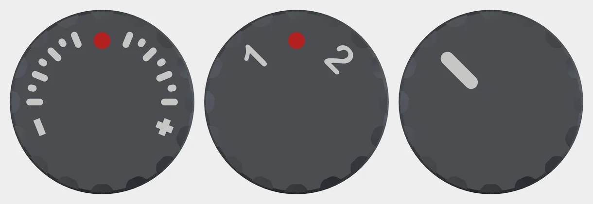 Three knob faces from above: temperature scale, positions 1 and 2, and pointer