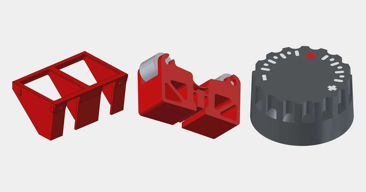 3D-printable JOBO CPE2 parts: a red two-bottle hanger, a red drum stand with grey rollers, and a dark grey control knob with a temperature scale