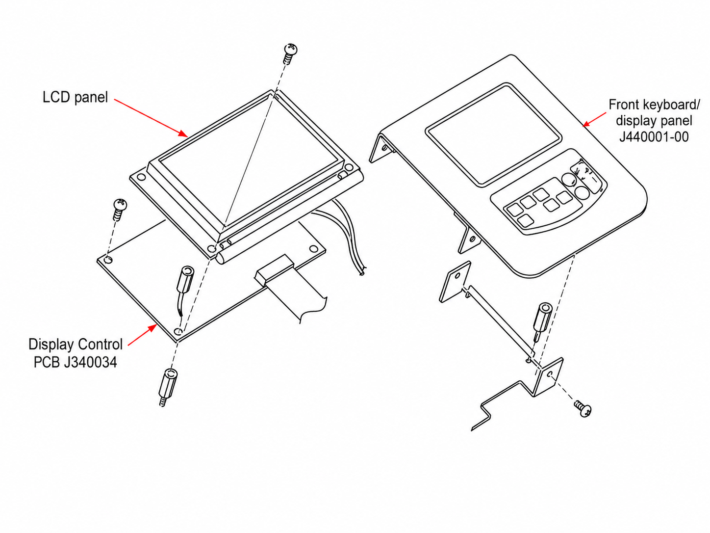 Noritsu QSF-V50 display control PCB and front keyboard panel — exploded assembly diagram